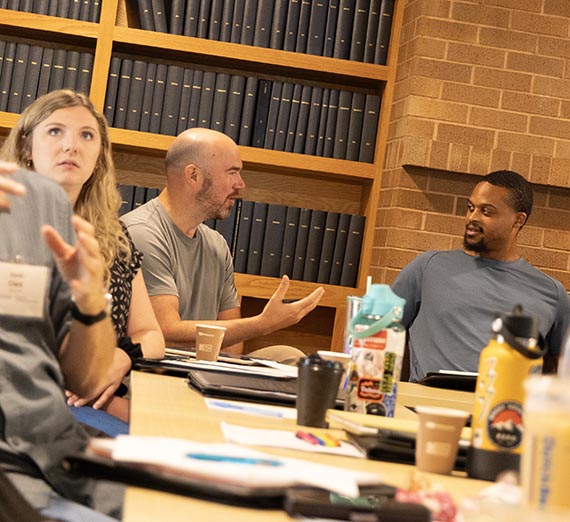 Photo collage of students conversing and studying. 