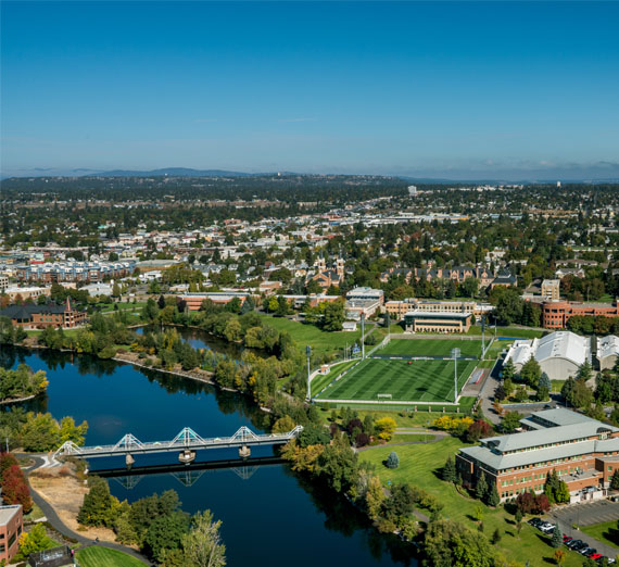 drone view of campus and spokane 
