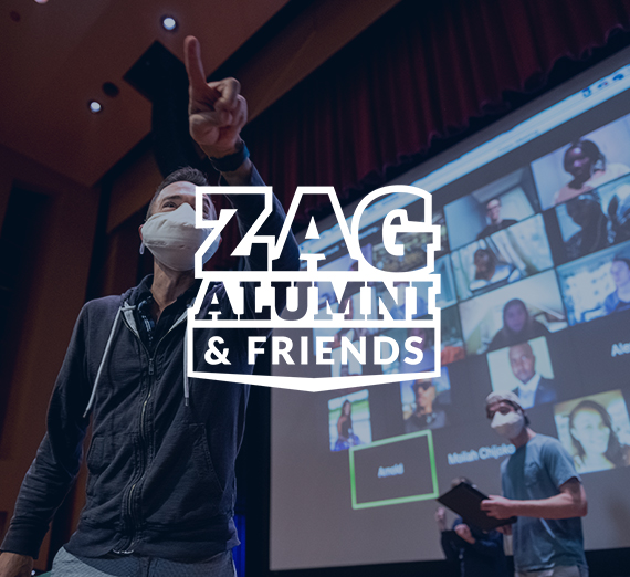 Masked music conductor leads a virtual choir performance, With Zag Alumni and Friends logo