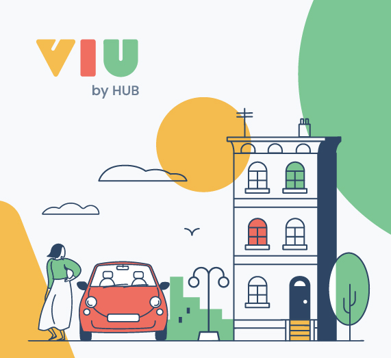 Viu by HUB logo. Drawing of a person, car and building