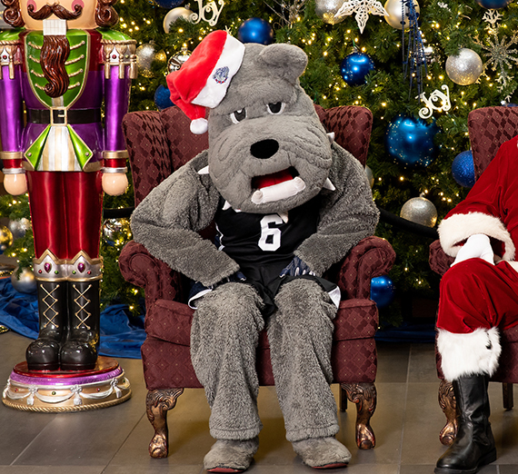 Gonzaga University sports mascot, Spike the bulldogs wears a santa hat