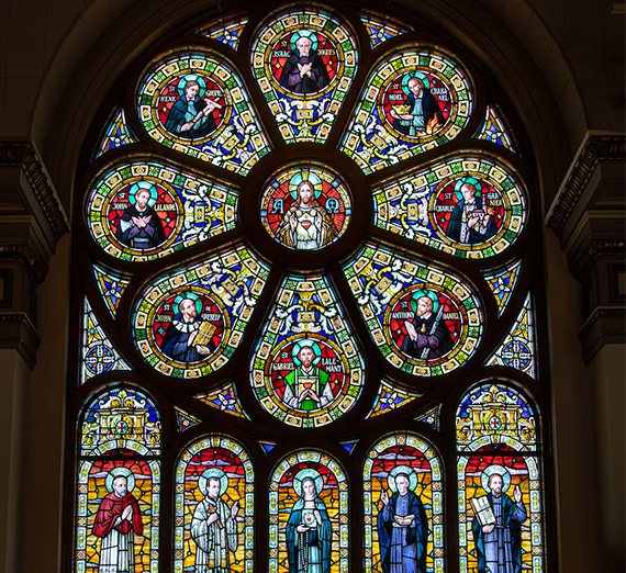 church interior of stained glass window