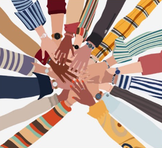 Illustration of diverse hands placed on top of each other in unity.
