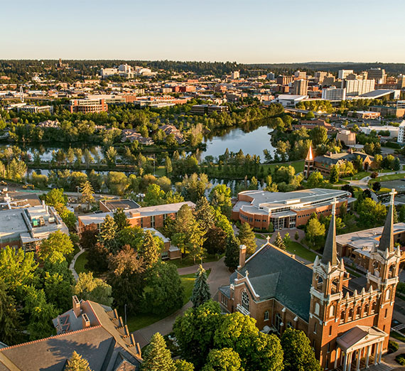 Gonzaga University campus in foreground, Downtown Spokane in background