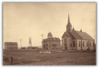 Small wooden church where Saint Aloysius Church now stands