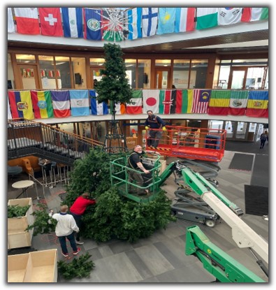 Hemmingson Center Christmas tree being assembled