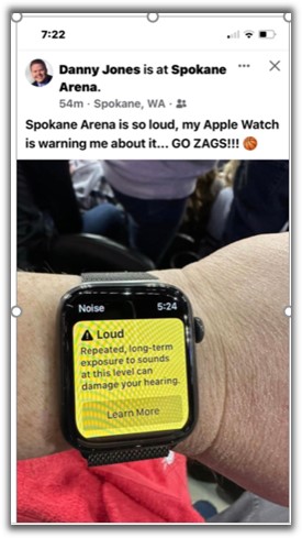 Apple watch noise warning at a Gonzaga game