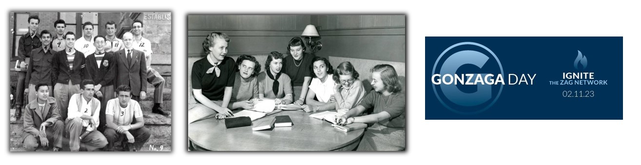 Three images grey scale class and club photos and a photo of the 2023 Gonzaga Day banner