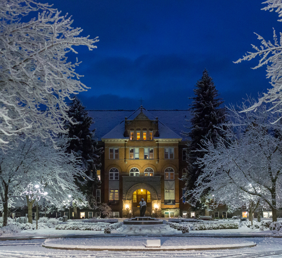 A winter night in front of college hall.