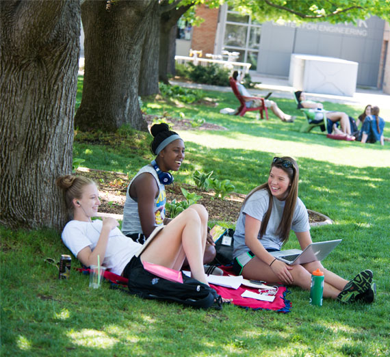 students relaxing on the lawn 