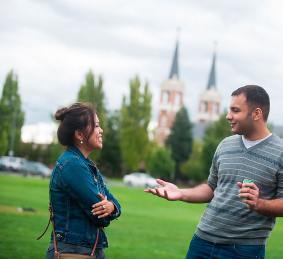 students talking outside 