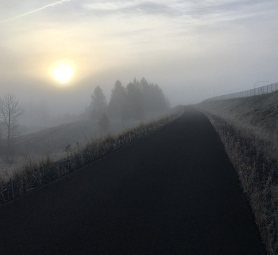 The sun rises over the Children of the Sun trail on a foggy morning