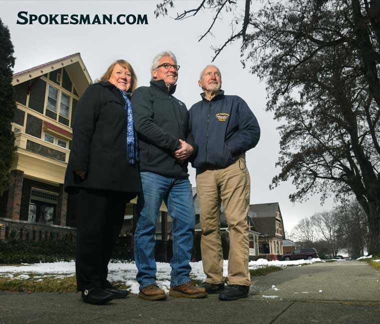Linda Allen, left, and her brother Mike Allen, center, standing in their father Ray’s home at the corner of Augusta and Astor in Spokane, WA. Mike now owns and lives in the house. Photo: Dan Pelle, THE SPOKESMAN-REVIEW