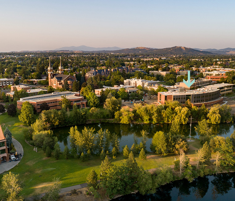 An aerial photo of the Gonzaga campus featuring the Bollier Center.