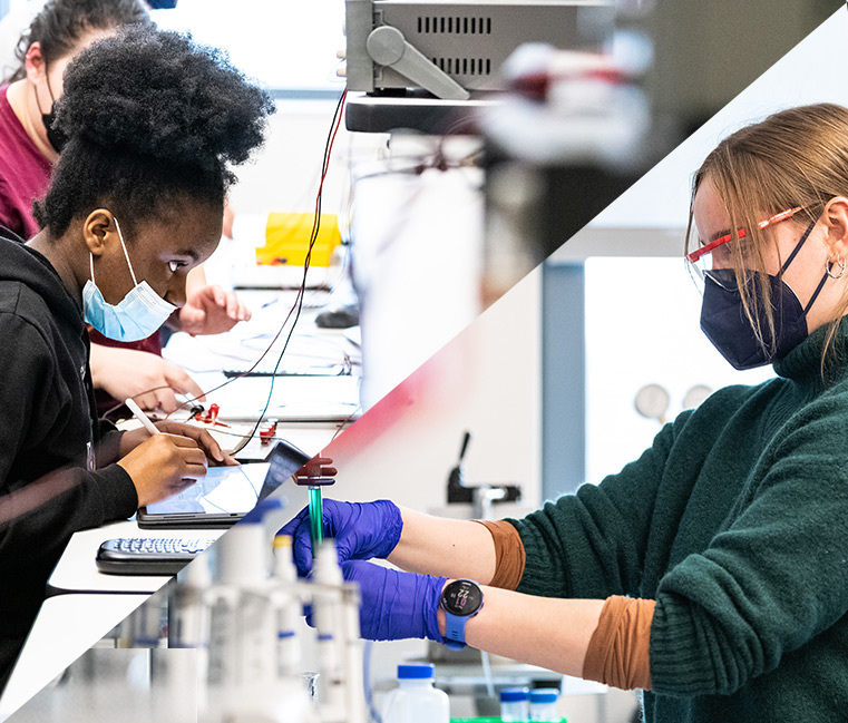 A photo collage featuring a student in a circuit lab on the left and a student in a bio lab on the right.