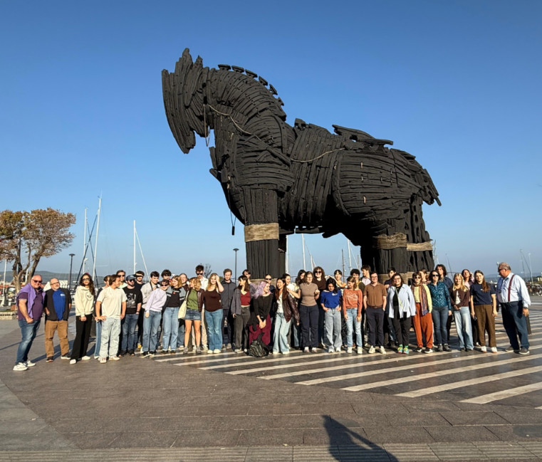 Dr. Andrew Goldman, Gonzaga University History Professor, with a group of students at a replica of the Trojan Horse in Çanakkale, Turkey as part of his work as the Professor-in-Charge of the Intercollegiate Center for Classical Studies in Rome. 