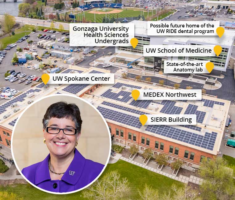 Aerial view of UW GU Health Partnership and SIERR buildings with departments labeled and an overlay of University of Washington President, Ana Mari Cauce. 