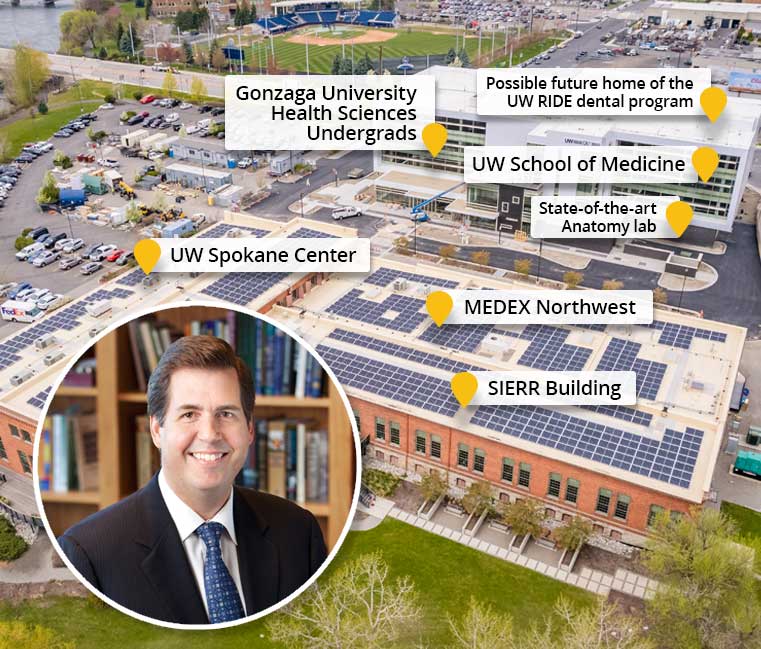 Aerial view of UW GU Health Partnership and SIERR buildings with departments labeled and an overlay of Gonzaga University President, Thayne M. McCulloh.