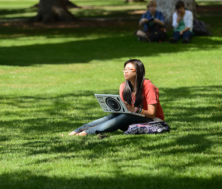A student studies with her laptop on the grass.