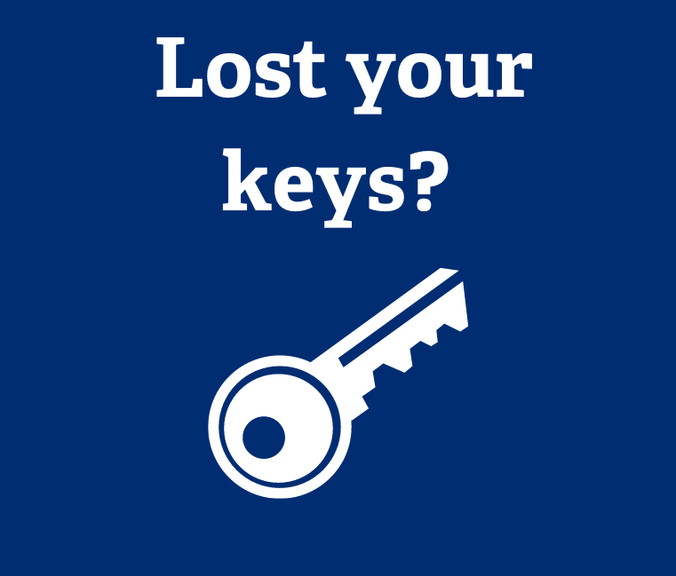 Blue box logo with a key, state "Lost your keys?"