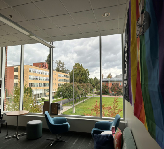 picture in the center pointing to the window with pride flags on the wall