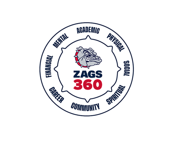 The circle logo of Zags 360 with a bulldog logo at the center