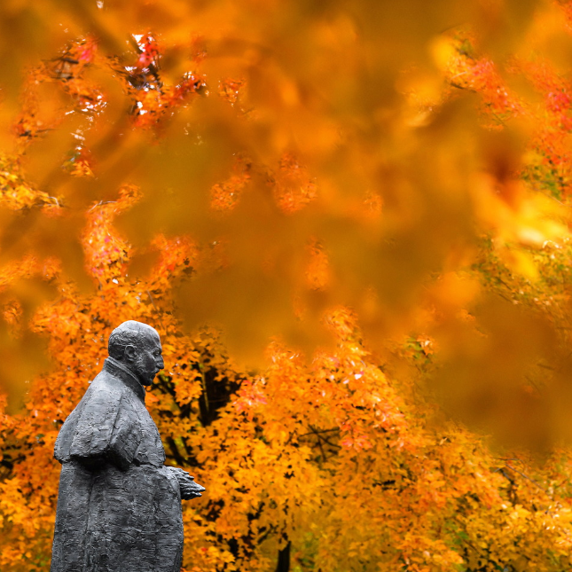 An image of a black statue of St. Ignatius of Loyola that sits in front of College Hall. It is a profile view of the statue surrounded by orange fall leaves on the trees. 