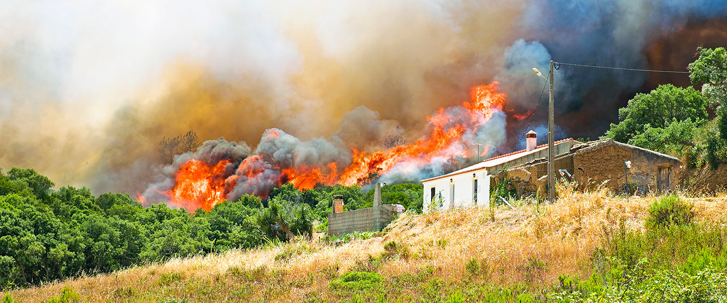 A wildfire rages behind a home near a wooded area