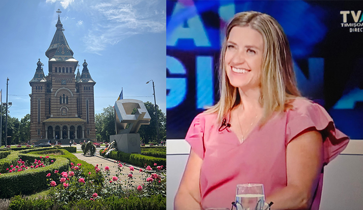 Two photos, one of a woman on TV and the other of a town square.