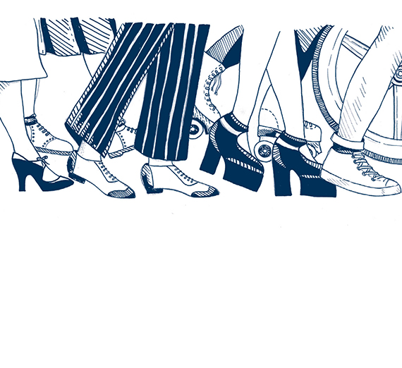 blue line art of feet in different shoes