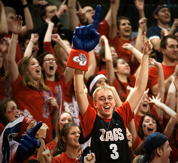 Gonzaga students cheer at a home basketball game.