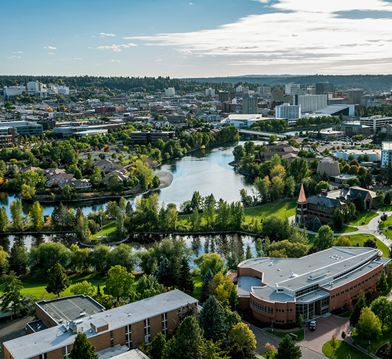 Aerial view of campus and downtown Spokane