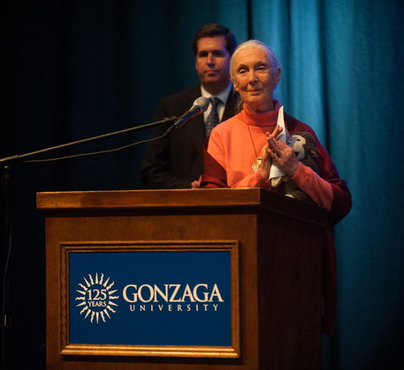 Research Jane Goodall stands at the podium during the Presidential Speaker Series lecture at Gonzaga University in 2013.
