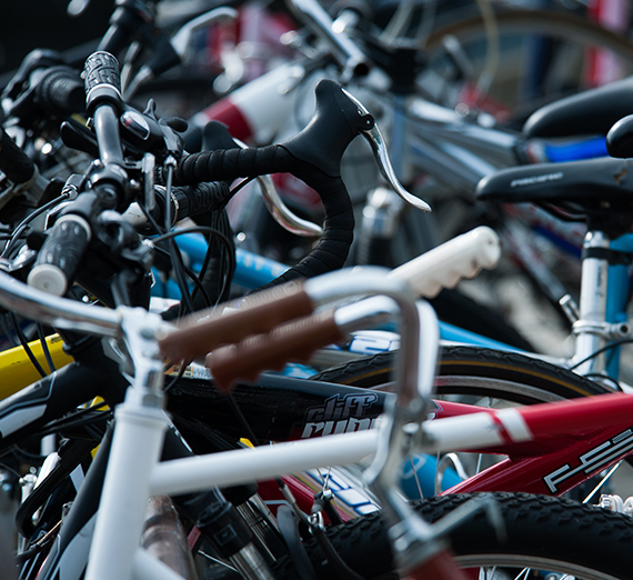 Closeup of bikes on a bike rack