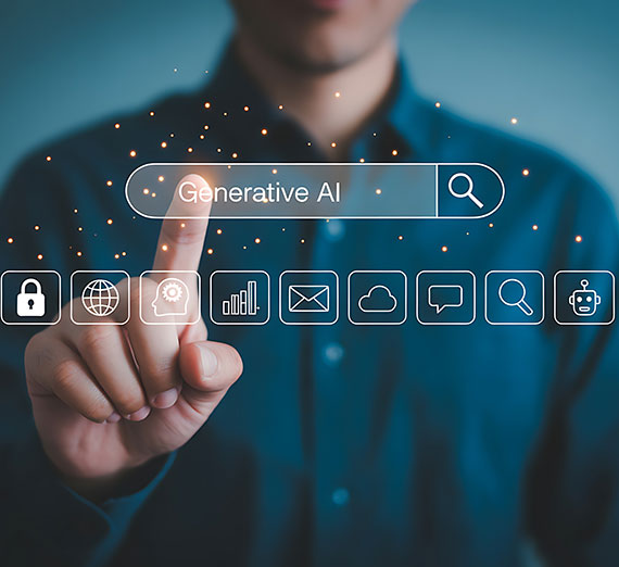 A person pressing a finger on a clear overlay that reads, Generative AI.