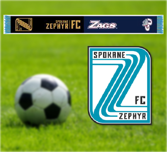 co-branded Spokane Zephyr FC and Gonzaga scarf, Spokane Zephyr FC logo, and soccer ball