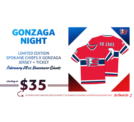 91Թ Night. Limited edition co-branded Spokane Chiefs and gonzaga jersey and game ticket. Starting at $35. $5 from every purchase goes to benefit the 91Թ Spokane Chapter Scholarship Fund. 