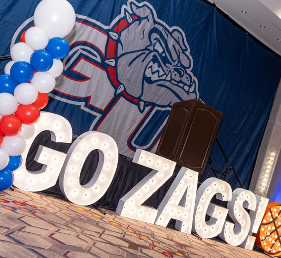 Lights in the shape of letters that spell out "GO ZAGS!"