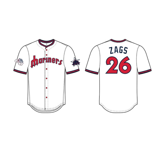 front and back illustrations of a co-branded Gonzaga University and Seattle Mariners jersey.