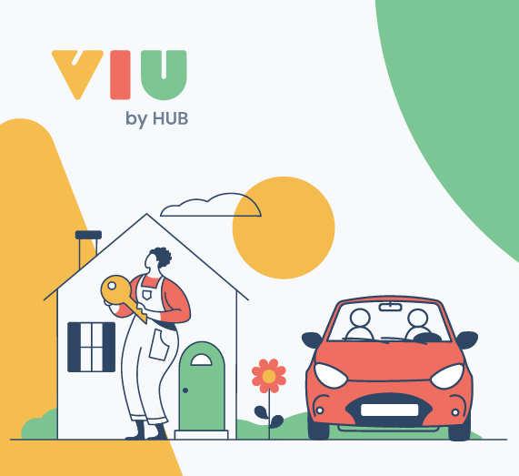 Viu by HUB logo. Drawing of a person, car and building.