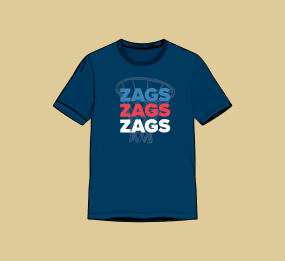 Image of t-shirt with text "ZAGS" and a basketball hoop in the background.