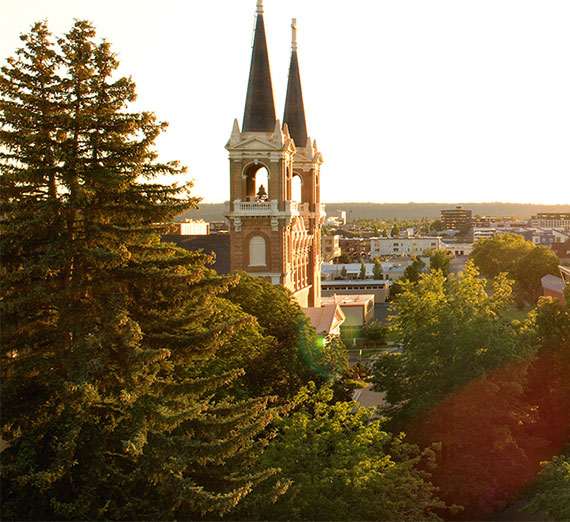 Aerial shot of  St. Als church at sunset. 