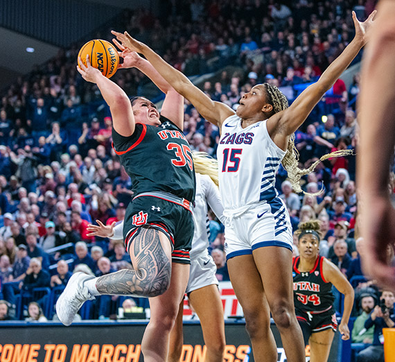 Gonzaga women's basketball player Yvonne Ejim contests a shot.