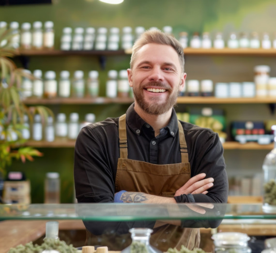 A male cannabis salesman grins into the camera