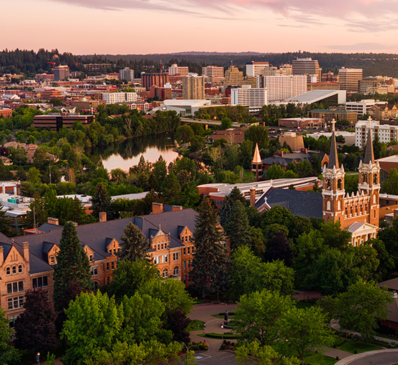 An aerial view of Gonzaga's campus and downtown Spokane