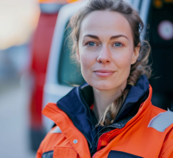 Female first responder starting confidently into the camera