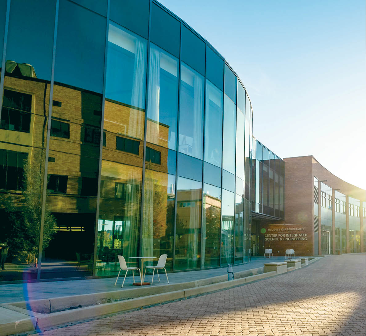 North side of the The John and Joan Bollier Family Center for Integrated Science and Engineering, fall 2021.