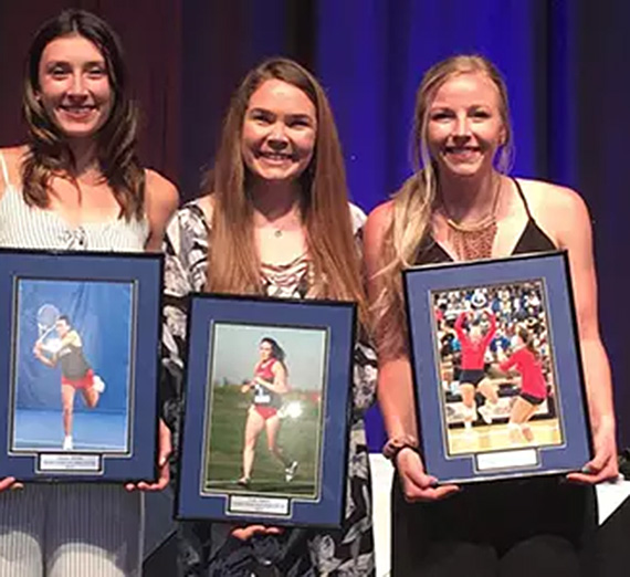 Three student athletes posed with images of them playing their sport of choice.