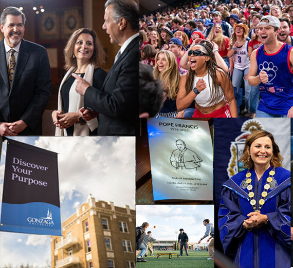 Collage of Gonzaga University moments including campus leaders in conversation inside a church, a memorial program for Pope Francis, a Discover Your Purpose banner on campus and students cheering together at a basketball game.