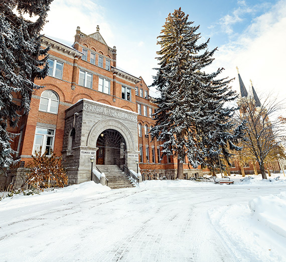 Gonzaga's College Hall on a snowy, winter day.